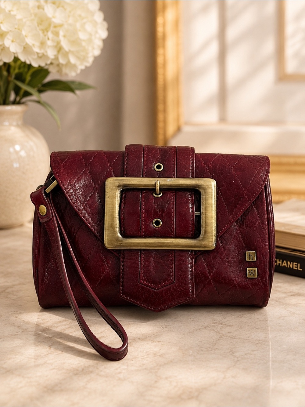 Vintage Y2K Helen Welsh Burgundy Leather Quilted Wristlet Clutch